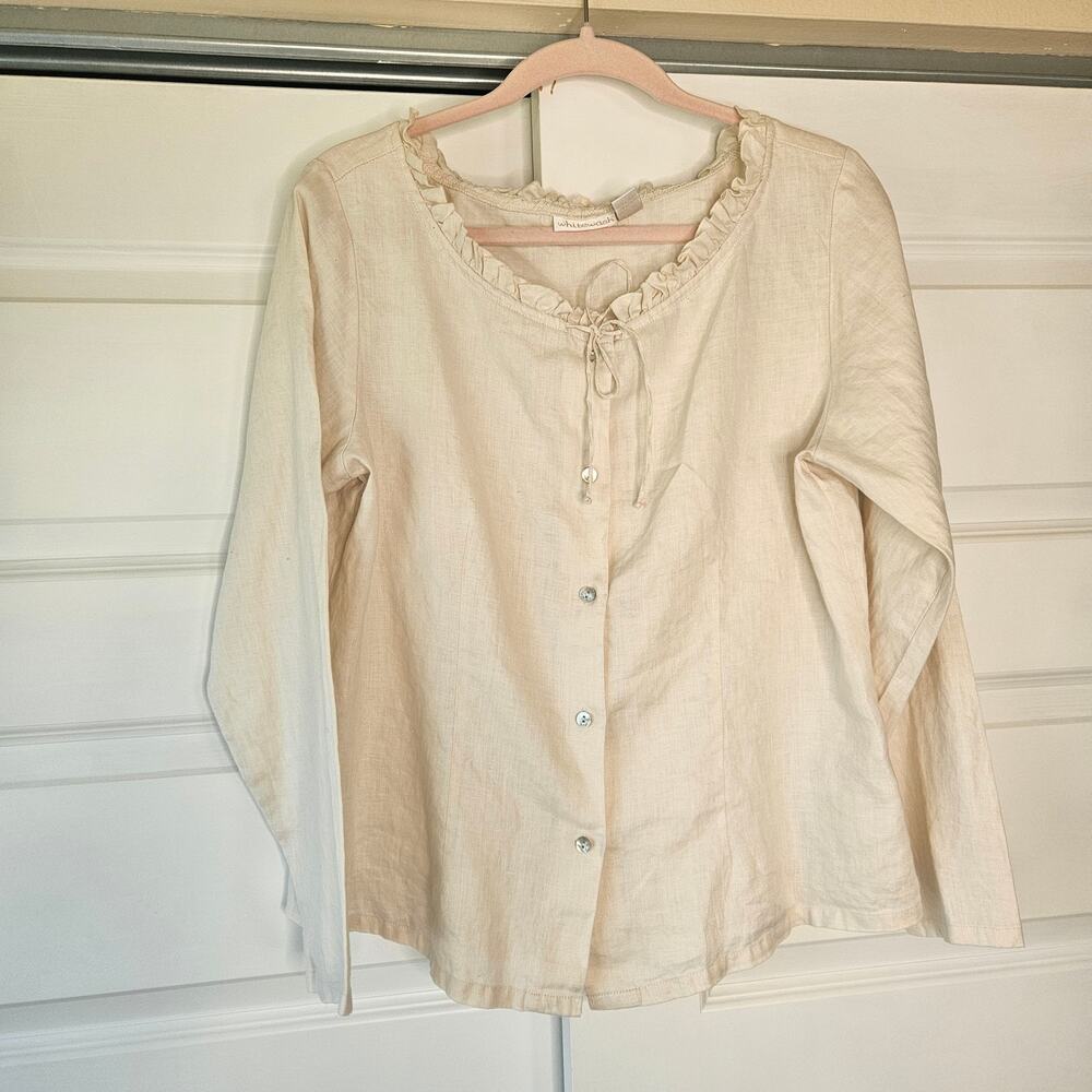 Whitewash Coastal Linen Blouse Cream Ruffle Cottagecore Large